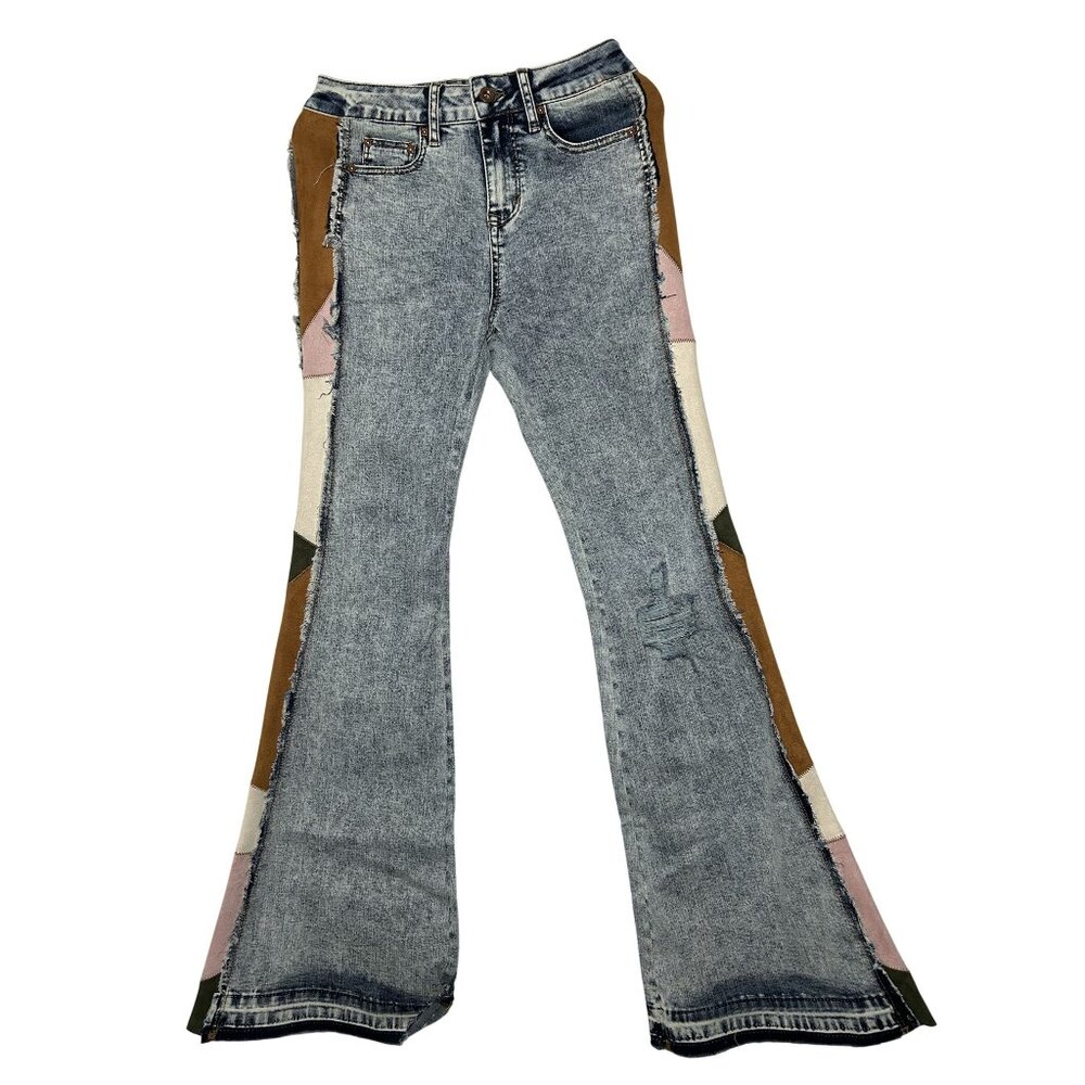 Grace In LA High Waist Patchwork Flare Jeans Size 27 Blue Denim